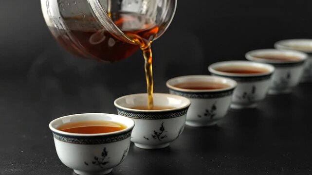 Pouring tea into a row of ceramic cups.