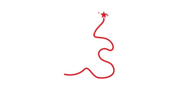 A minimalist red line draws a stylized Christmas tree topped with a star in a modern animated motion graphic style.