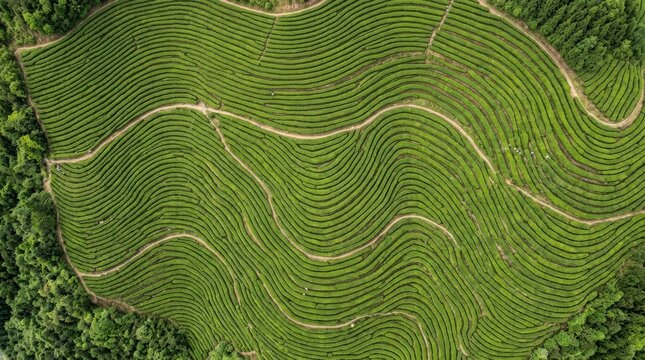 Aerial of drone looking down at the winding patterns of a lush green tea plantation with aerialview
