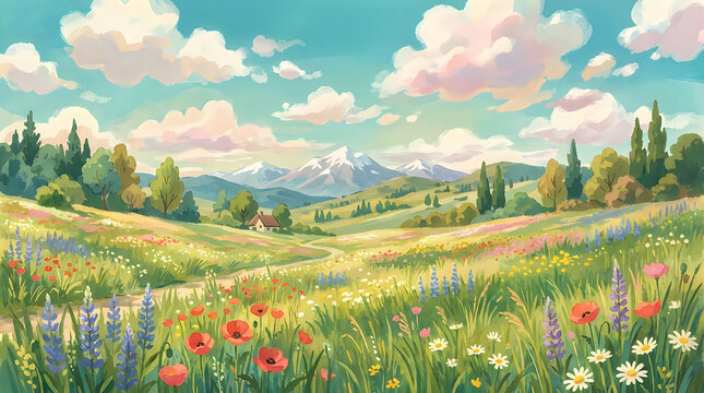 A vibrant landscape painting of a wildflower meadow with distant mountains and fluffy clouds