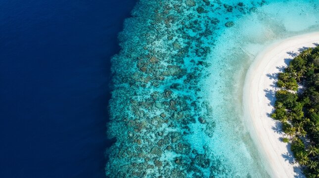 Aerial of drone view of coral reef edge meeting deep ocean drop off with aerialview, droneview