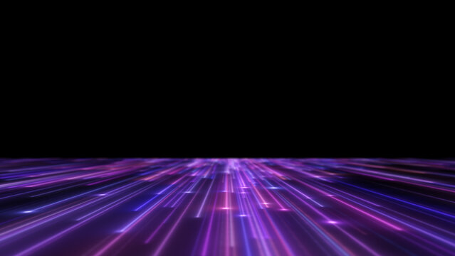 Abstract futuristic neon light trails moving on the floor on Isolated black background.