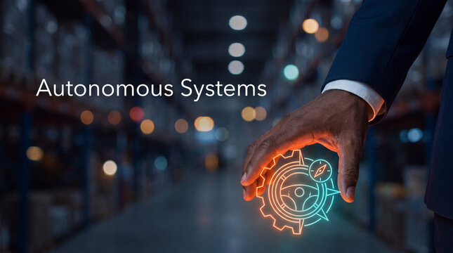 Businessman holding autonomous system icon. Manager interacting with smart logistics tech.