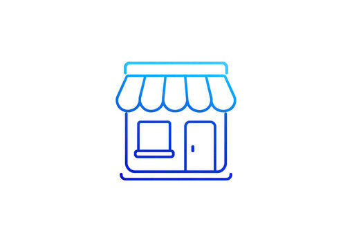 Gradient line art icon featuring a small boutique storefront design with a striped awning and minimalist architectural window and door elements