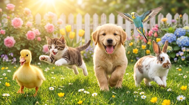 Adorable baby animals running in sunny spring garden, cute puppy and kitten playing on green grass, cheerful pets in blooming backyard