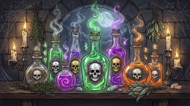 Halloween potion bottles collection with magical liquids, skull labels, candles, herbs and glowing effects, gothic vector illustration