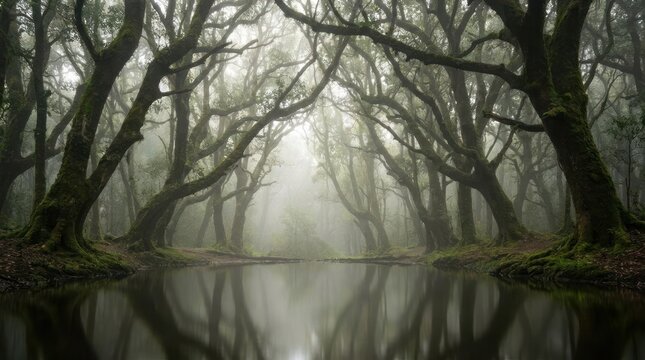 Gnarled trees reflecting in misty river forest scene.