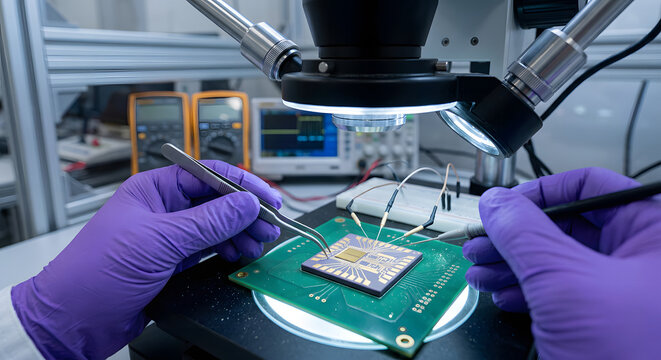 Engineer examining a microchip circuit board under a laboratory microscope with tweezers.