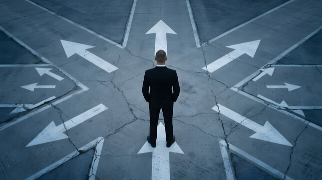 A man in a black suit stands at a crossroads with multiple white arrows painted on a cracked, gray asphalt surface, facing forward featuring businessman, formal, direction, decision and choice