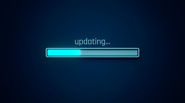 Futuristic digital loading progress bar displaying the word updating... above a glowing cyan fill on a dark blue background, representing a software update interface featuring technology