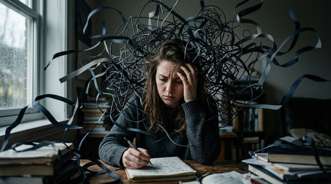 Overwhelmed woman with tangled thoughts, stressed student struggling with studies