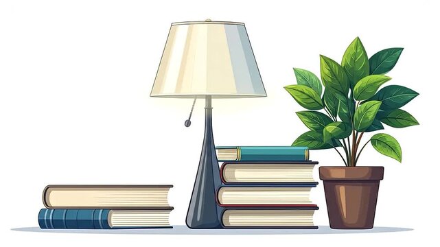Modern desk lamp with stacked books and plant.