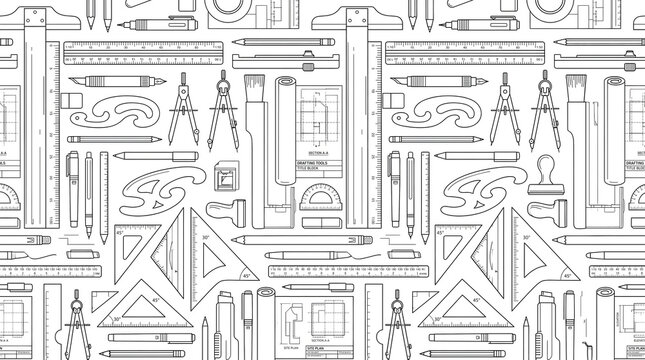 Seamless Architecture and Technical Drawing Tools Pattern with Engineering Blueprint Line Art