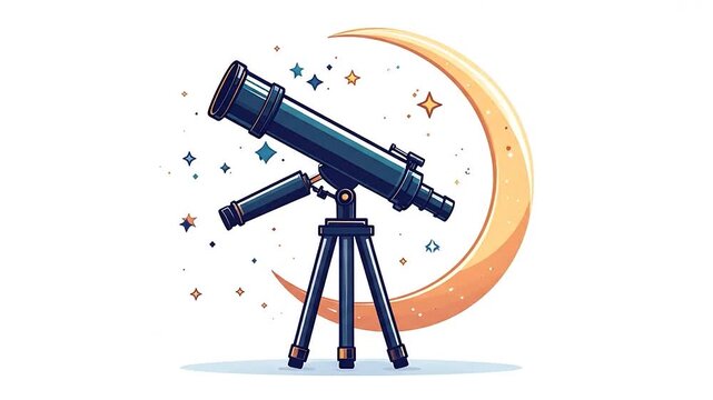 Telescope on tripod with golden crescent moon background