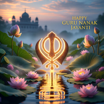 Guru Nanak Jayanti: Gurdwara, Lotus Flowers, Sacred Symbol, Sunset &ndash; Spiritual Celebration