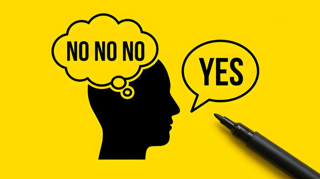 Silhouette of a persons head in profile with thought bubbles saying NO NO NO and YES, on a bright yellow background with a black marker pen featuring thinking, decision, choice and speech bubble