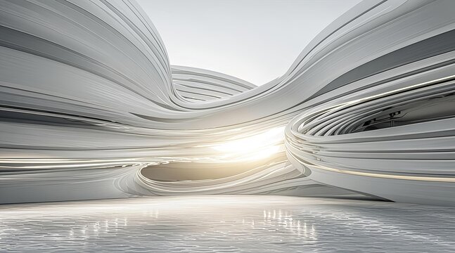 Futuristic White Parametric Architecture Interior with Fluid Organic Curves and Bright Light