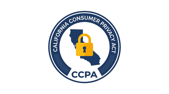 California consumer privacy act circular logo featuring a golden security padlock over state map illustration