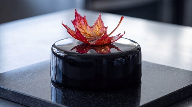 Gourmet Black Mirror Glaze Dessert with Sugar Maple Leaf