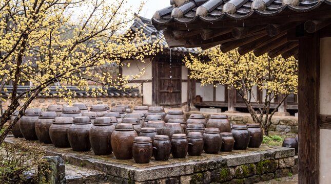 Traditional Korean Jangdokdae and Yellow Sansuyu Flowers in Spring Rain