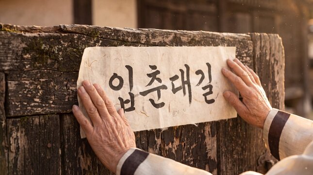 Traditional Korean Hands Attaching Ipchun-Daegil Calligraphy for Spring Blessing