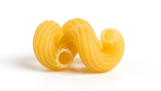 Close-up of two dry uncooked cavatappi pasta spirals isolated on a pristine white background, highlighting the texture and shape of Italian macaroni.