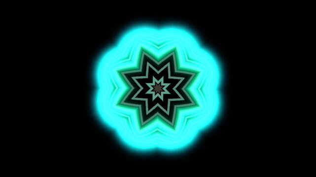 Kaleidoscope pattern with laser beams and glowing lines animation on black background