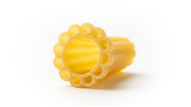 Close-up of a single piece of ridged pasta with decorative petal-like edges on a white background