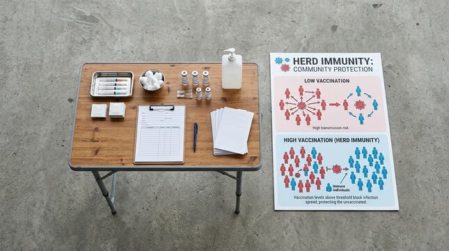 Herd immunity community protection explainer chart standing beside a folding table at a pop-up clinic in Empty Medical Clinic, No People Stock Photo