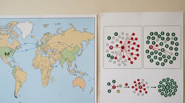 Herd immunity community protection explainer chart mounted beside a travel clinic world map poster in Empty Medical Clinic, No People Stock Photo