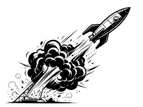 Rocket blasting off leaves a trail of heavy smoke and debris behind its base in this dramatic high contrast black and white artistic illustration.