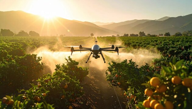 Agricultural drone spraying citrus orchard at sunrise, precision farming technology, crop health monitoring and irrigation management