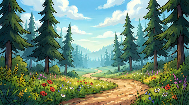 Scenic winding path through a lush forest with tall trees and blue sky