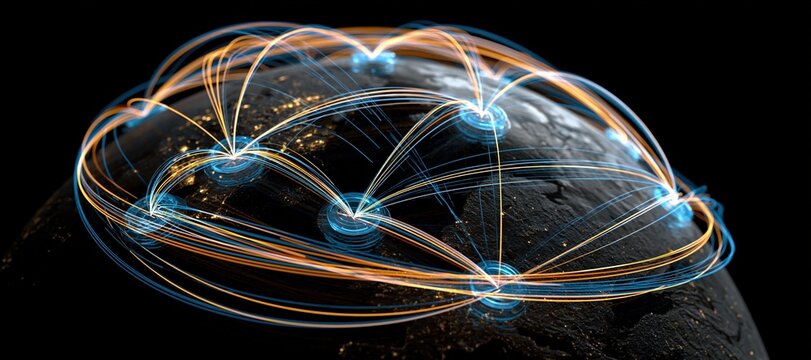 Global banking network with transparent hubs and flowing digital connections
