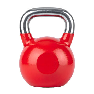 A vibrant red kettlebell with a silver metal handle and a smooth matte finish body, representing fitness and strength training, .