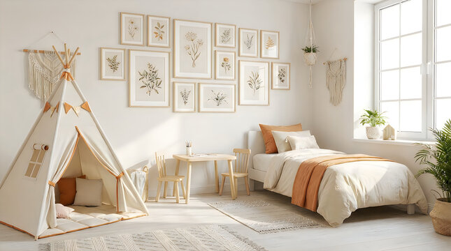 Bright and airy children's bedroom with a teepee and gallery wall of framed art