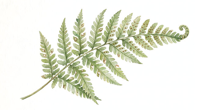 Watercolor botanical illustration of a green forest fern leaf with realistic sori details