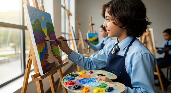 Young Boy Painting On Canvas In Art Class