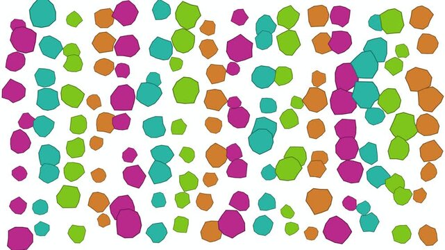 Flat fuchsia cyan lime and orange irregular pebble shaped speckles scattered across the frame drift up and down and rotate a few degrees on staggered timing