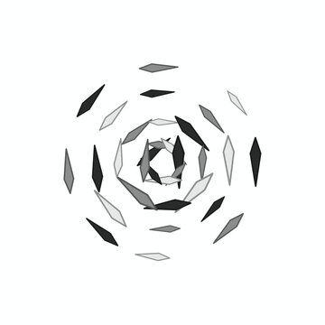 Flat charcoal grey mid grey and white thin sliver shard fragments form a symmetric kaleidoscope cluster that rotates while mirrored segments pulse in scale
