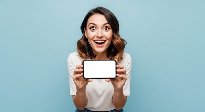 Excited Young Woman Holding A Blank Smartphone Screen