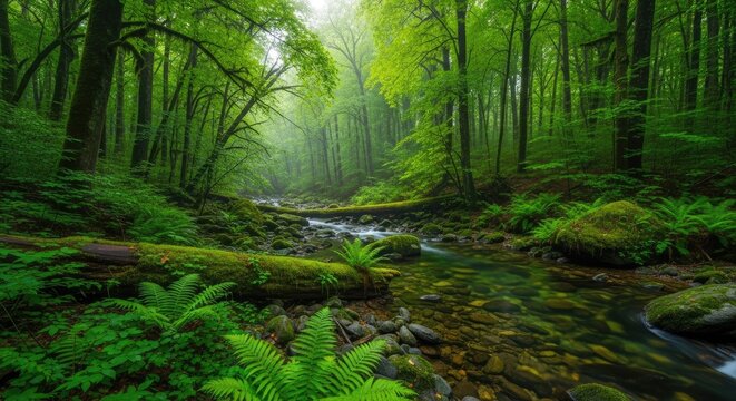 Enchanting Lush Green Forest Stream With Mossy Rocks And Ferns
