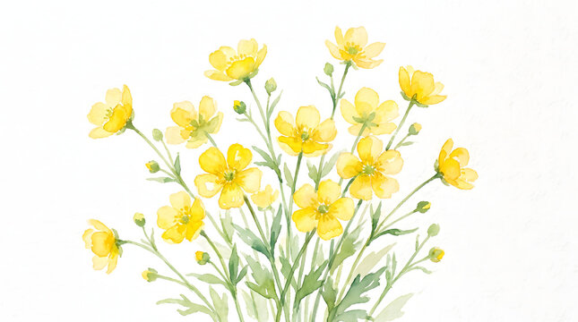 Hand painted watercolor yellow buttercup flowers with green leaves in a fresh spring bouquet