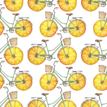 Watercolor seamless pattern with hand-drawn bicycle with wheel - orange or lemon fruit slice on white background. Retro vintage transport for summer walking. Art for sketchbook. Wallpaper or wrapping