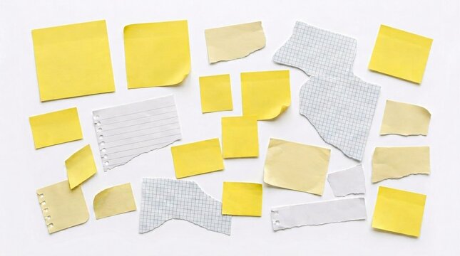 Assorted blank yellow and white sticky notes and ripped paper pieces arranged randomly on a white background.