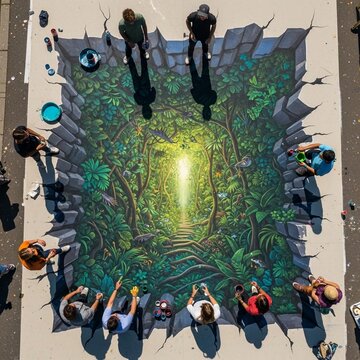 An aerial perspective view shows a large group of street artists collaboratively painting a massive, highly detailed 3D anamorphic mural of a lush, vibrant jungle path.
