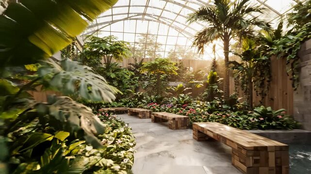 Serene Indoor Tropical Garden with Glass Dome, Waterfall and Lush Greenery