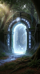 Naklejka premium An ancient stone archway portal glowing with ethereal blue light, set within a lush, sun-dappled forest.