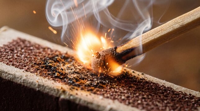 Close-up of a matchstick striking a matchbox with sparks and smoke