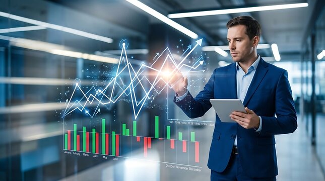 Businessman in suit analyzing 3 D holographic financial data and charts in a modern office white shirt